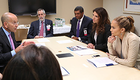 Steven M. Safyer, MD, President and CEO, Montefiore, and senior leaders meet with Lynda and Jennifer Lopez