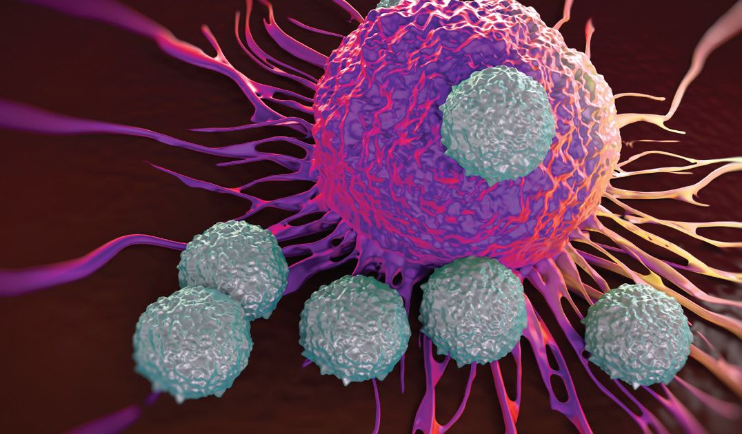 Illustration of microscopic T-cells attacking a cancer cell.
